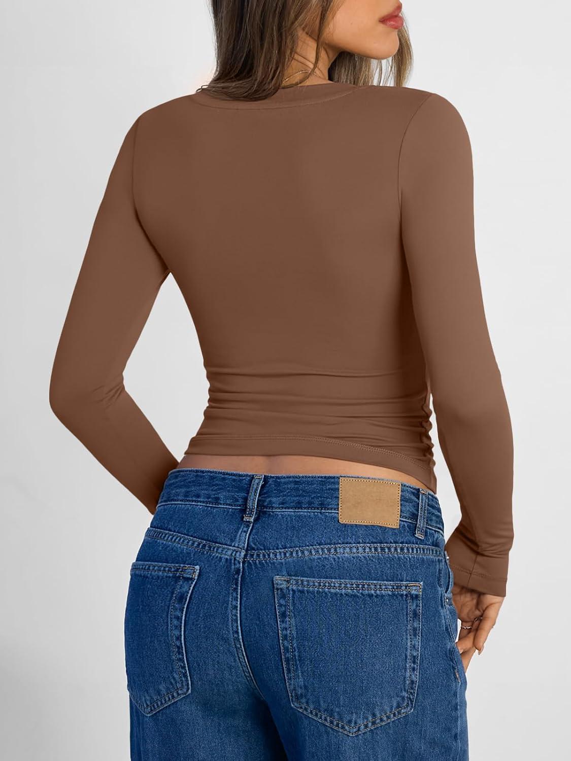 imageTrendy Queen Long Sleeve Shirts for Women 2025 Fall Fashion V Neck Basics Crop Tops Slim Fitted Y2K Tops Outfits ClothesBrown