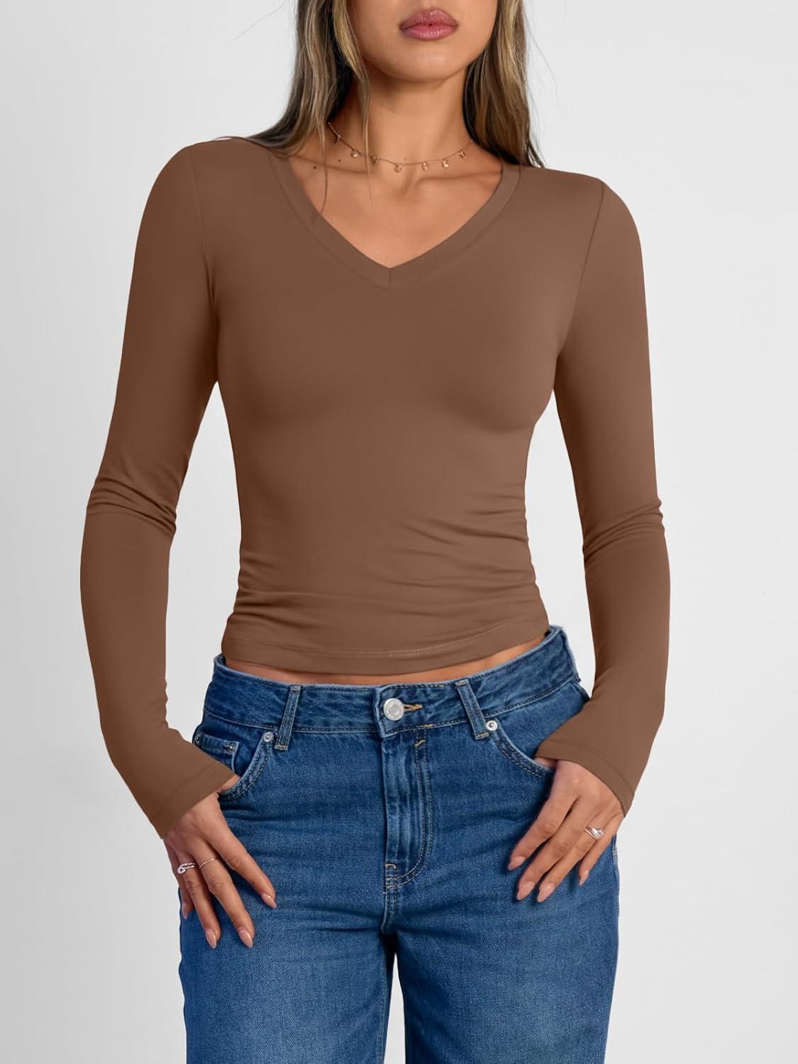 imageTrendy Queen Long Sleeve Shirts for Women 2025 Fall Fashion V Neck Basics Crop Tops Slim Fitted Y2K Tops Outfits ClothesBrown