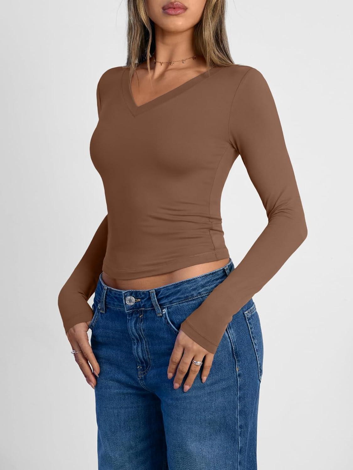 imageTrendy Queen Long Sleeve Shirts for Women 2025 Fall Fashion V Neck Basics Crop Tops Slim Fitted Y2K Tops Outfits ClothesBrown