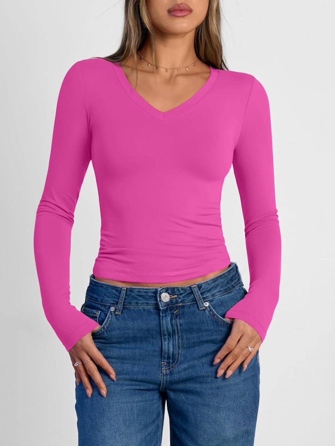 imageTrendy Queen Long Sleeve Shirts for Women 2025 Fall Fashion V Neck Basics Crop Tops Slim Fitted Y2K Tops Outfits ClothesHot Pink