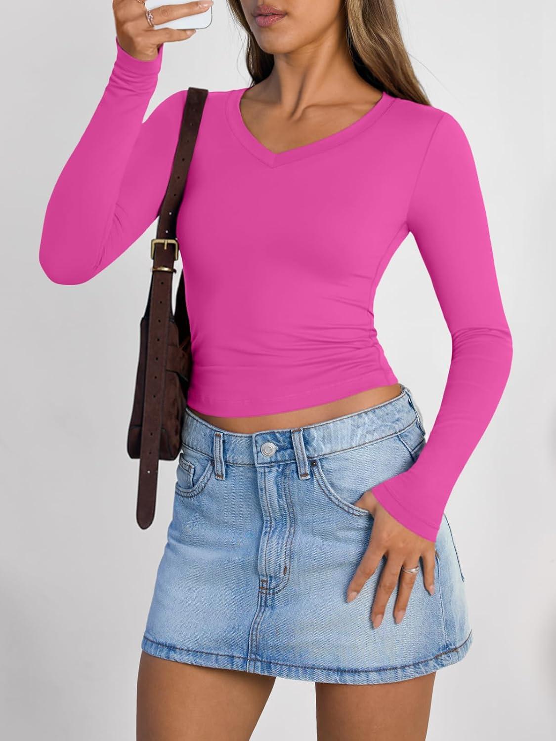 imageTrendy Queen Long Sleeve Shirts for Women 2025 Fall Fashion V Neck Basics Crop Tops Slim Fitted Y2K Tops Outfits ClothesHot Pink