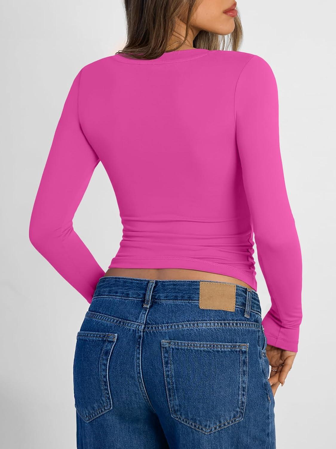 imageTrendy Queen Long Sleeve Shirts for Women 2025 Fall Fashion V Neck Basics Crop Tops Slim Fitted Y2K Tops Outfits ClothesHot Pink