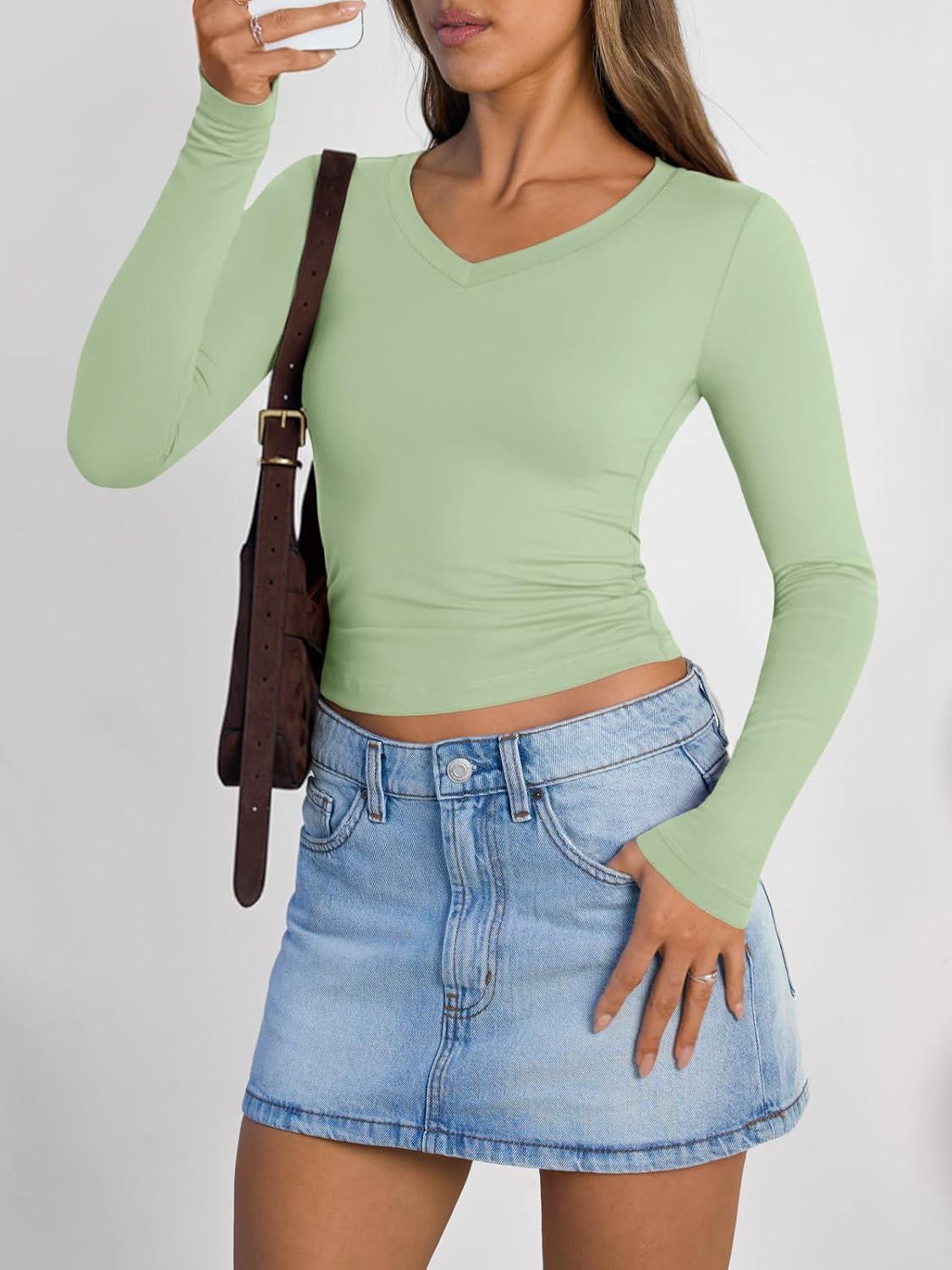 imageTrendy Queen Long Sleeve Shirts for Women 2025 Fall Fashion V Neck Basics Crop Tops Slim Fitted Y2K Tops Outfits ClothesLight Green