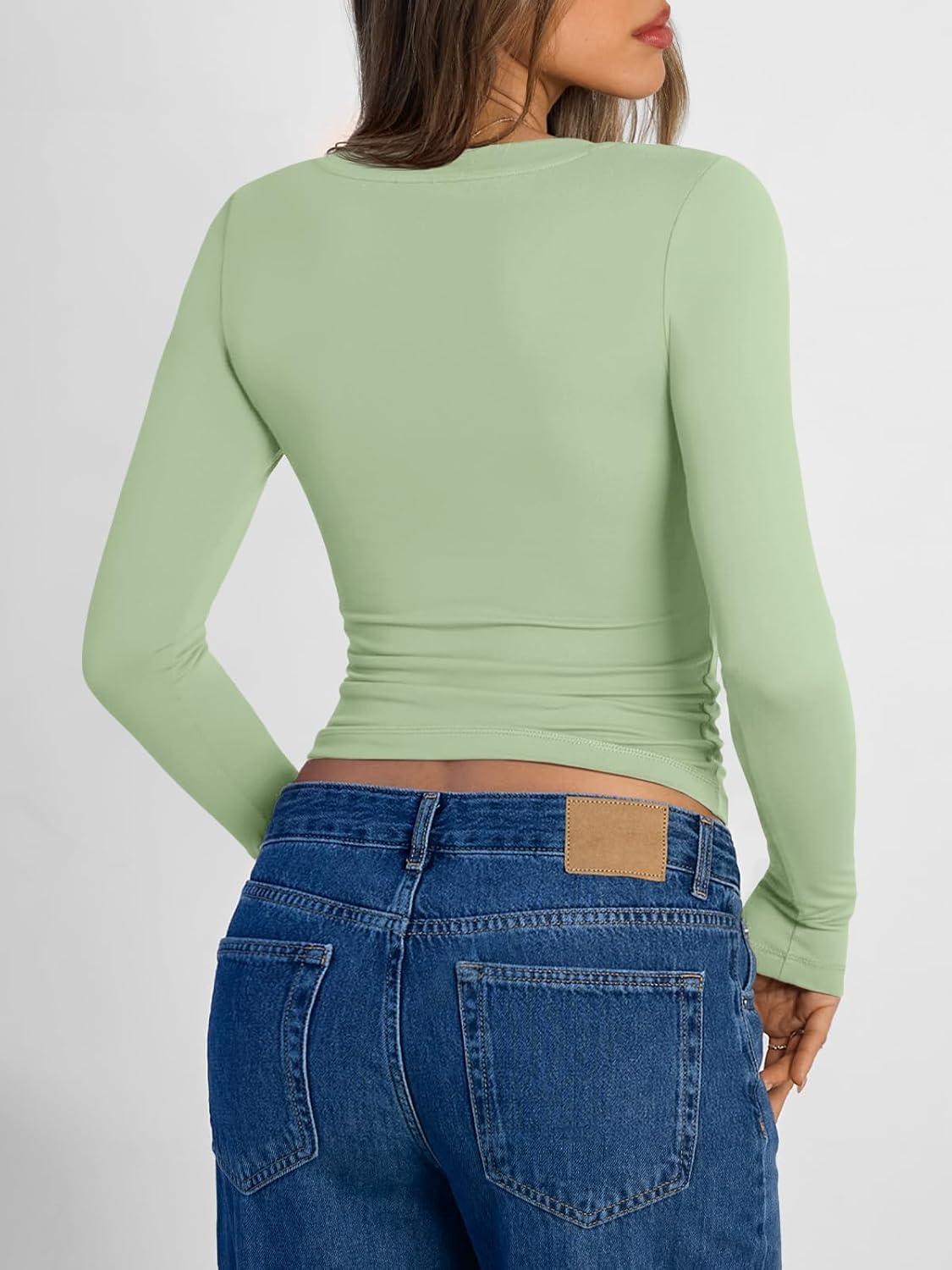 imageTrendy Queen Long Sleeve Shirts for Women 2025 Fall Fashion V Neck Basics Crop Tops Slim Fitted Y2K Tops Outfits ClothesLight Green