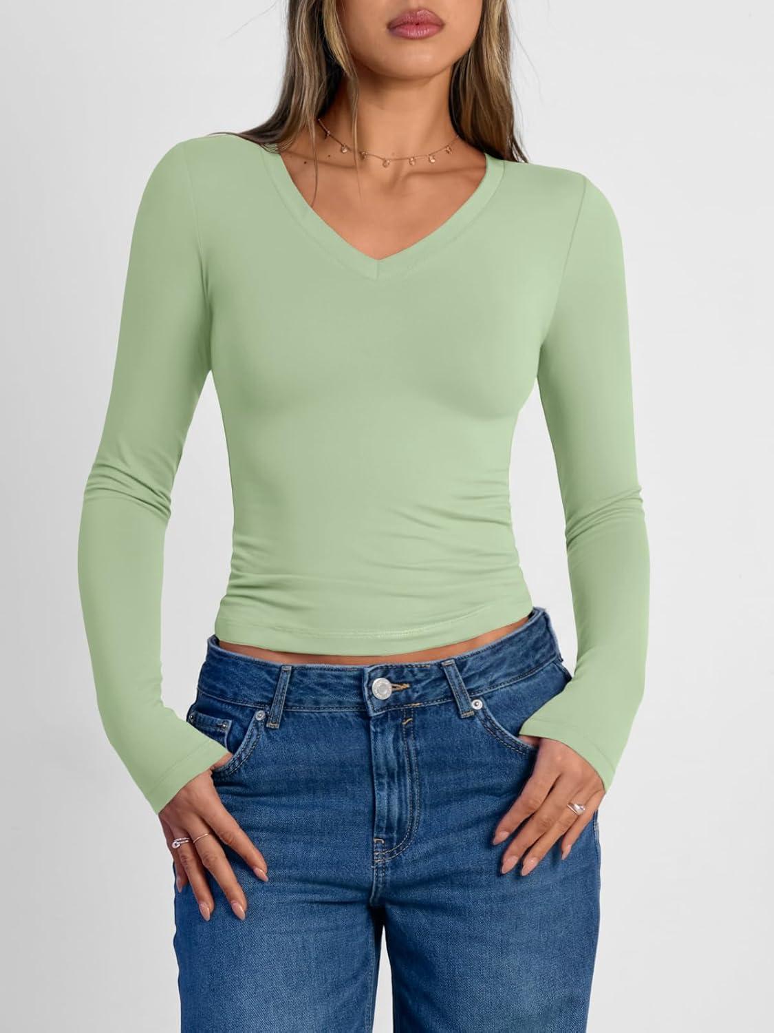 imageTrendy Queen Long Sleeve Shirts for Women 2025 Fall Fashion V Neck Basics Crop Tops Slim Fitted Y2K Tops Outfits ClothesLight Green