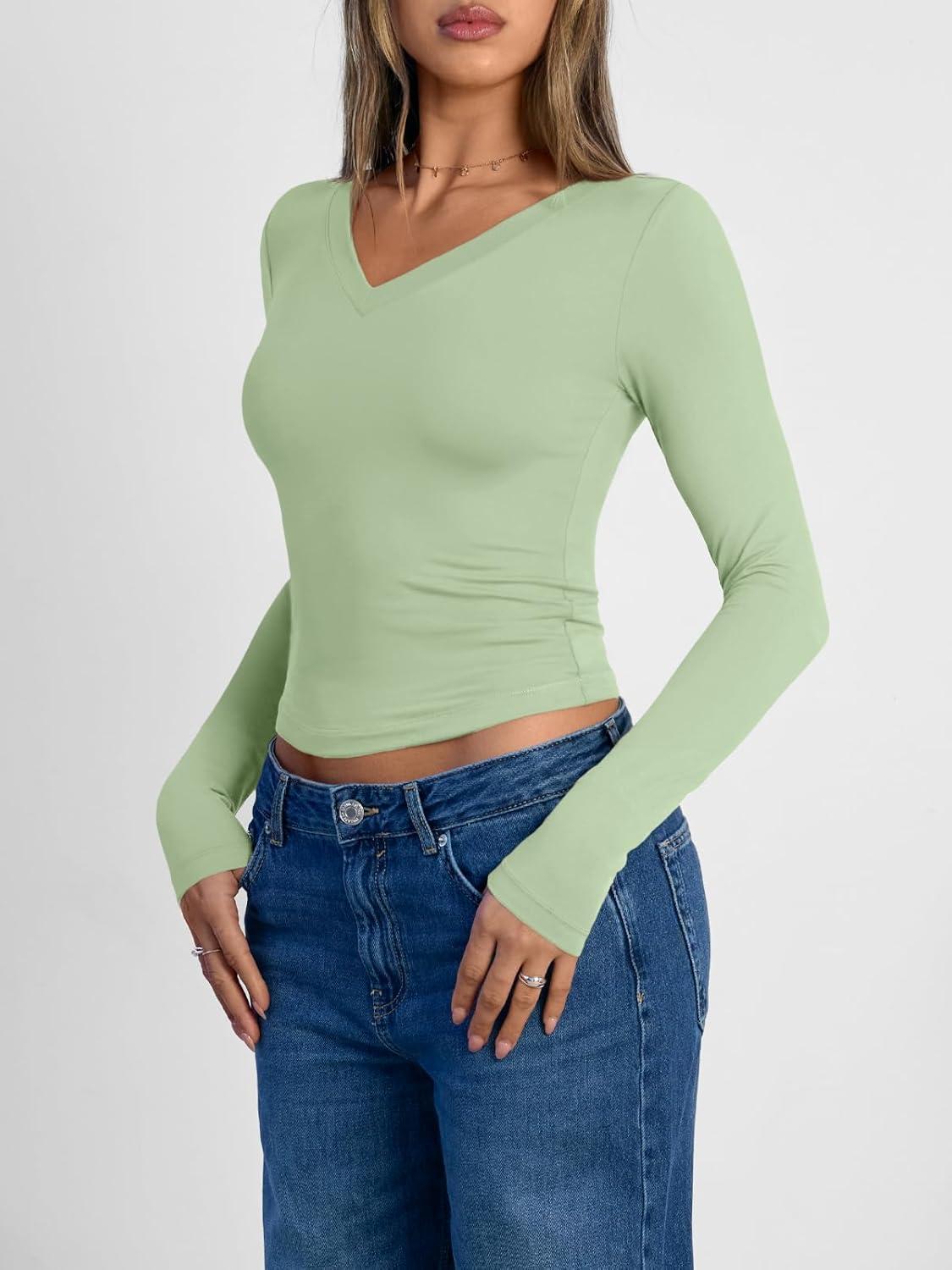 imageTrendy Queen Long Sleeve Shirts for Women 2025 Fall Fashion V Neck Basics Crop Tops Slim Fitted Y2K Tops Outfits ClothesLight Green