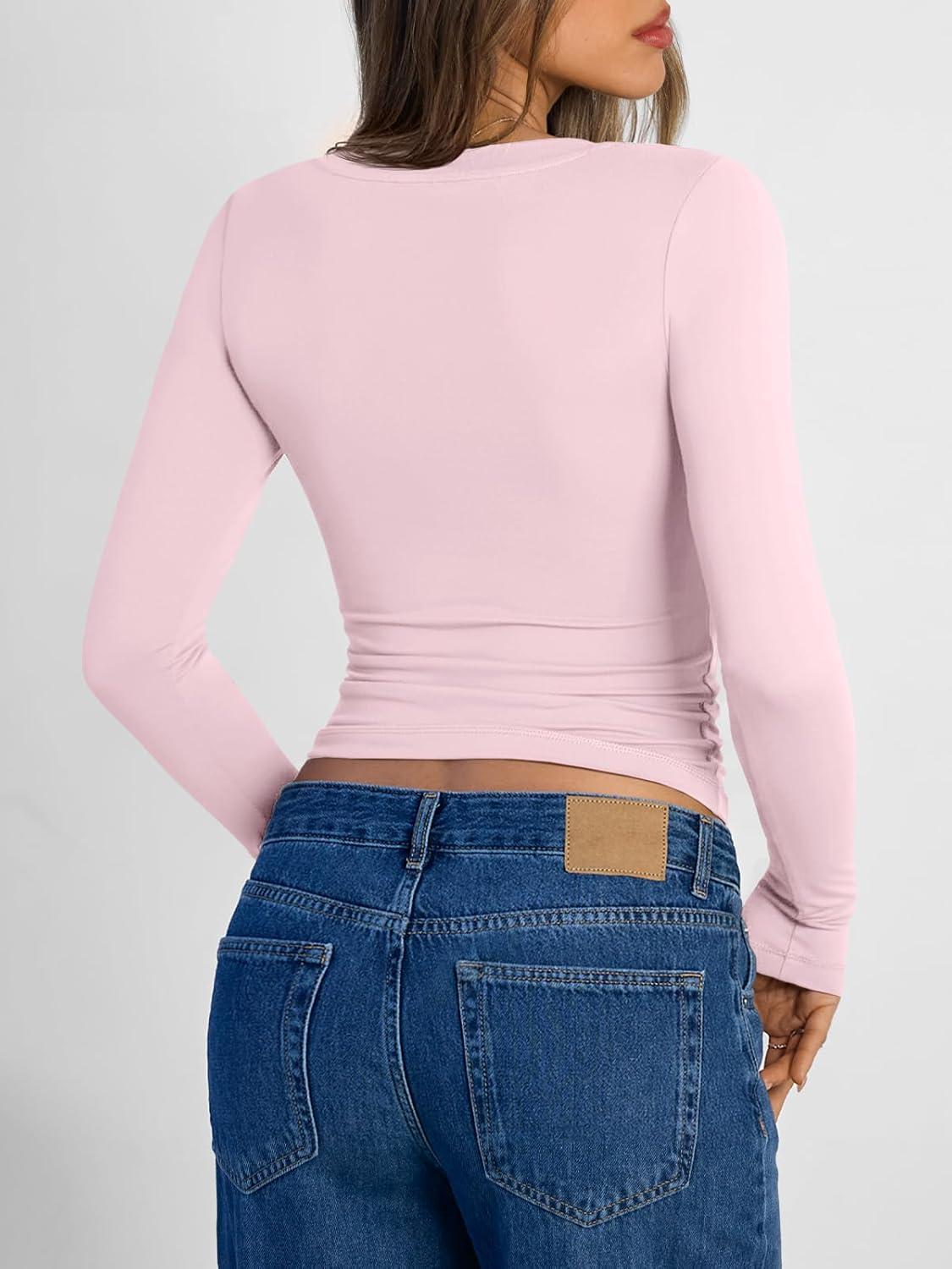 imageTrendy Queen Long Sleeve Shirts for Women 2025 Fall Fashion V Neck Basics Crop Tops Slim Fitted Y2K Tops Outfits ClothesPink