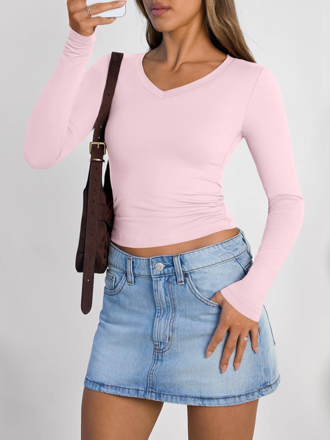 imageTrendy Queen Long Sleeve Shirts for Women 2025 Fall Fashion V Neck Basics Crop Tops Slim Fitted Y2K Tops Outfits ClothesPink
