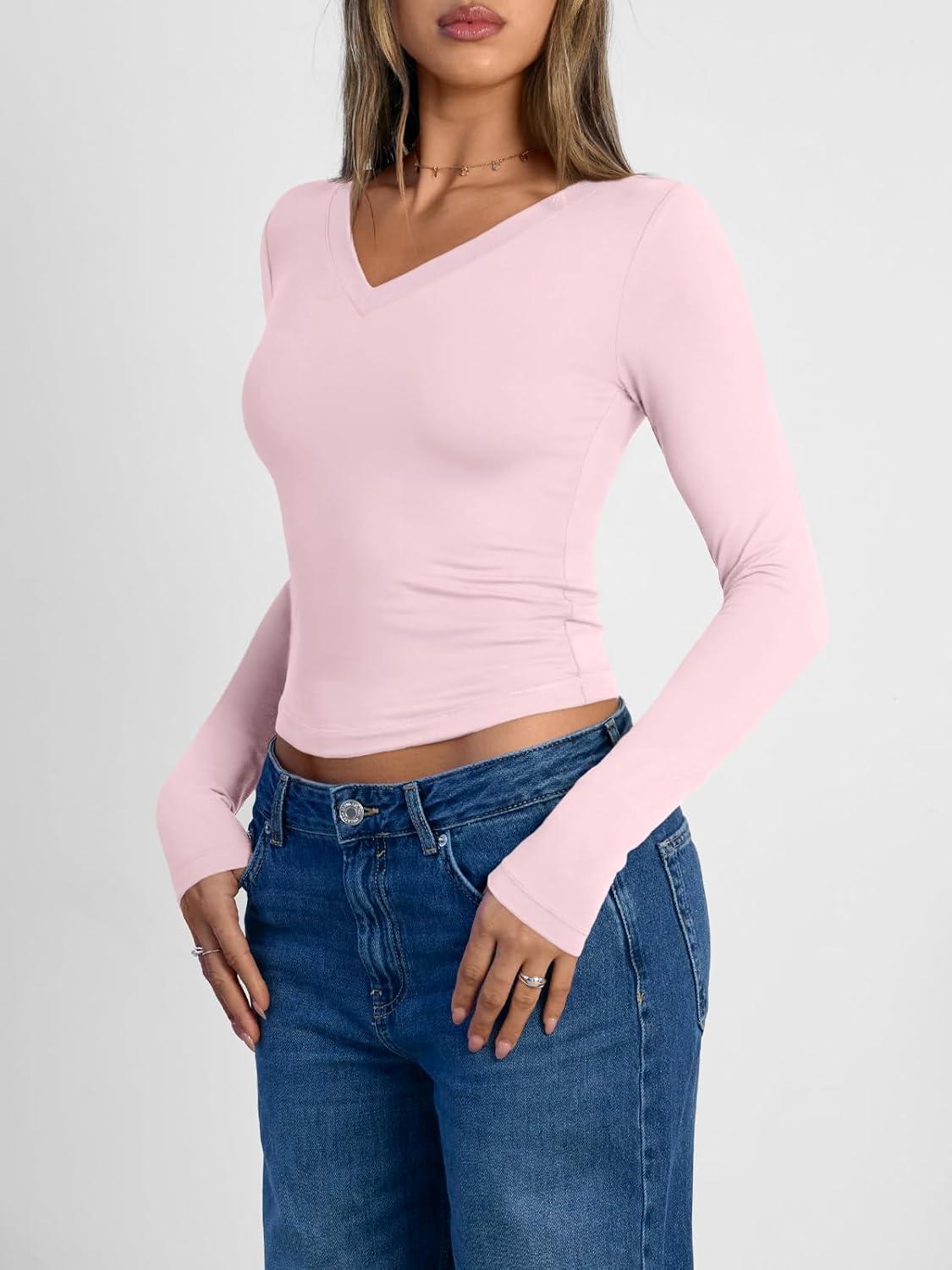 imageTrendy Queen Long Sleeve Shirts for Women 2025 Fall Fashion V Neck Basics Crop Tops Slim Fitted Y2K Tops Outfits ClothesPink