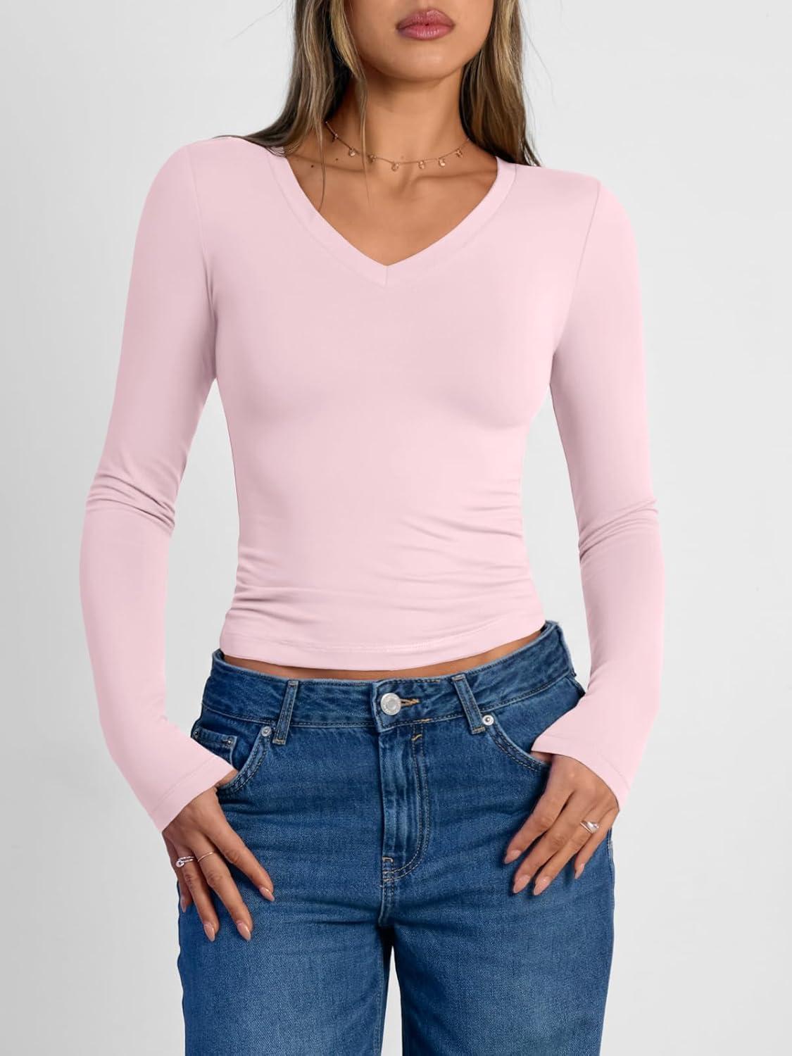 imageTrendy Queen Long Sleeve Shirts for Women 2025 Fall Fashion V Neck Basics Crop Tops Slim Fitted Y2K Tops Outfits ClothesPink