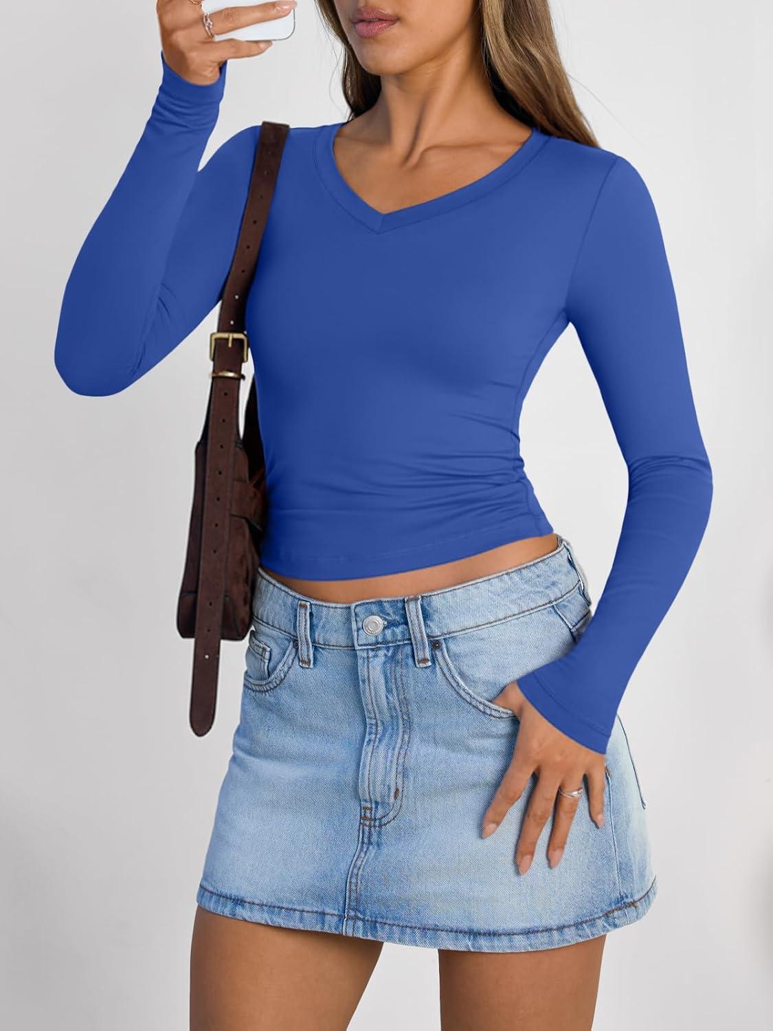 imageTrendy Queen Long Sleeve Shirts for Women 2025 Fall Fashion V Neck Basics Crop Tops Slim Fitted Y2K Tops Outfits ClothesRoyal Blue
