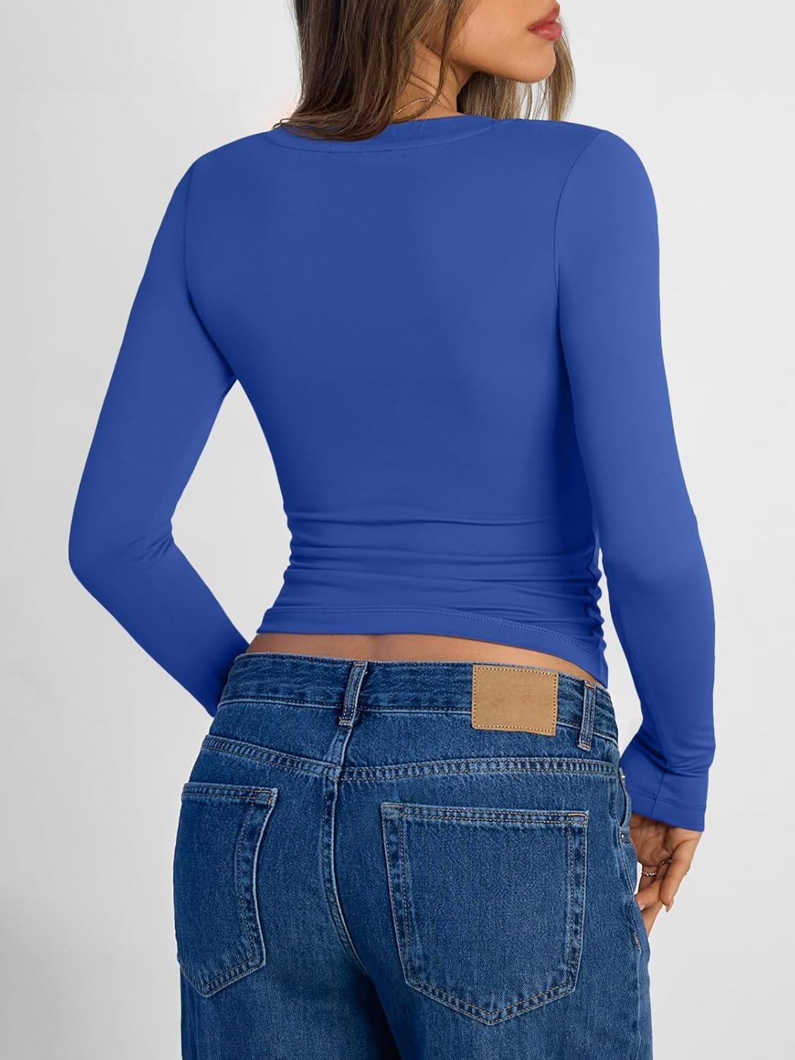 imageTrendy Queen Long Sleeve Shirts for Women 2025 Fall Fashion V Neck Basics Crop Tops Slim Fitted Y2K Tops Outfits ClothesRoyal Blue