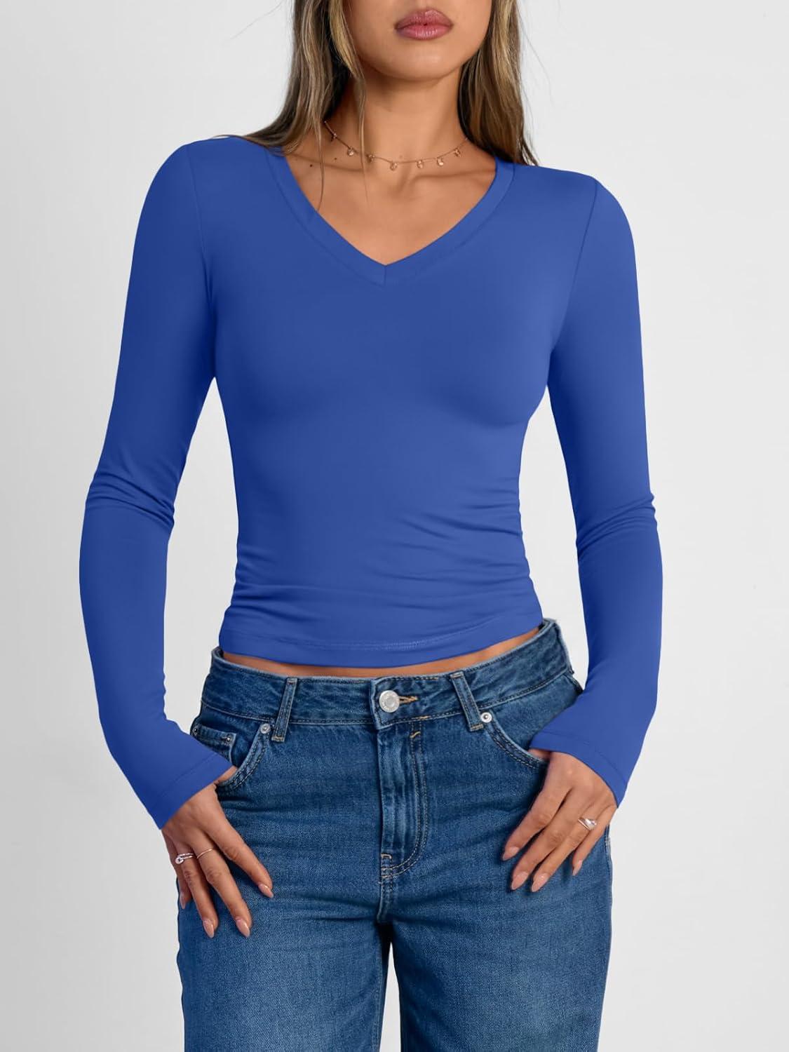 imageTrendy Queen Long Sleeve Shirts for Women 2025 Fall Fashion V Neck Basics Crop Tops Slim Fitted Y2K Tops Outfits ClothesRoyal Blue