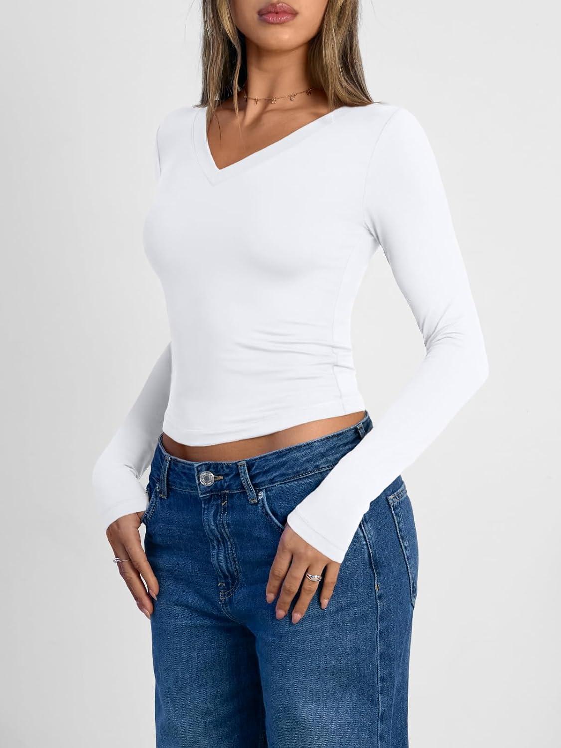 imageTrendy Queen Long Sleeve Shirts for Women 2025 Fall Fashion V Neck Basics Crop Tops Slim Fitted Y2K Tops Outfits ClothesWhite