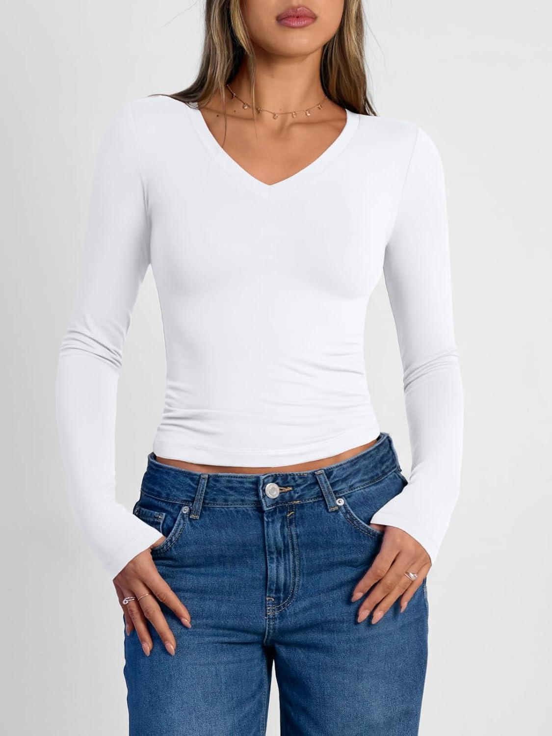 imageTrendy Queen Long Sleeve Shirts for Women 2025 Fall Fashion V Neck Basics Crop Tops Slim Fitted Y2K Tops Outfits ClothesWhite