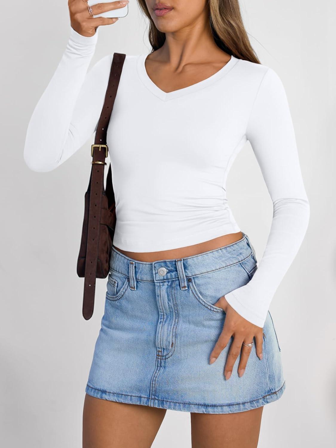 imageTrendy Queen Long Sleeve Shirts for Women 2025 Fall Fashion V Neck Basics Crop Tops Slim Fitted Y2K Tops Outfits ClothesWhite