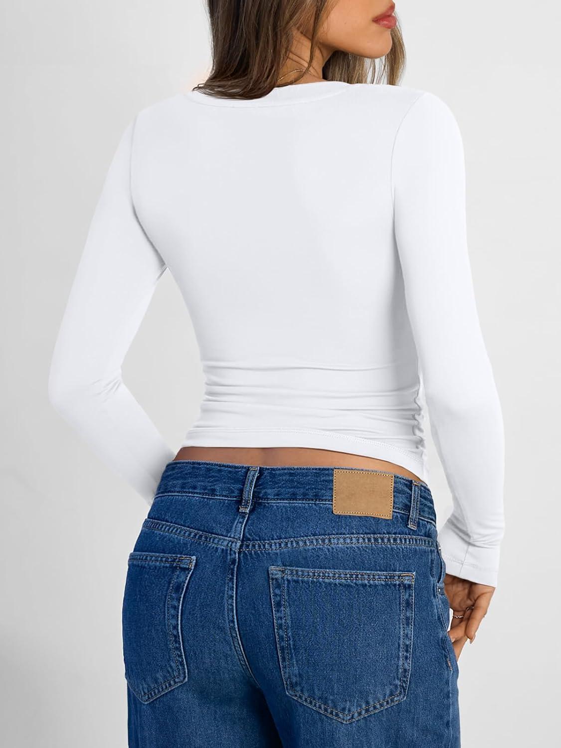 imageTrendy Queen Long Sleeve Shirts for Women 2025 Fall Fashion V Neck Basics Crop Tops Slim Fitted Y2K Tops Outfits ClothesWhite