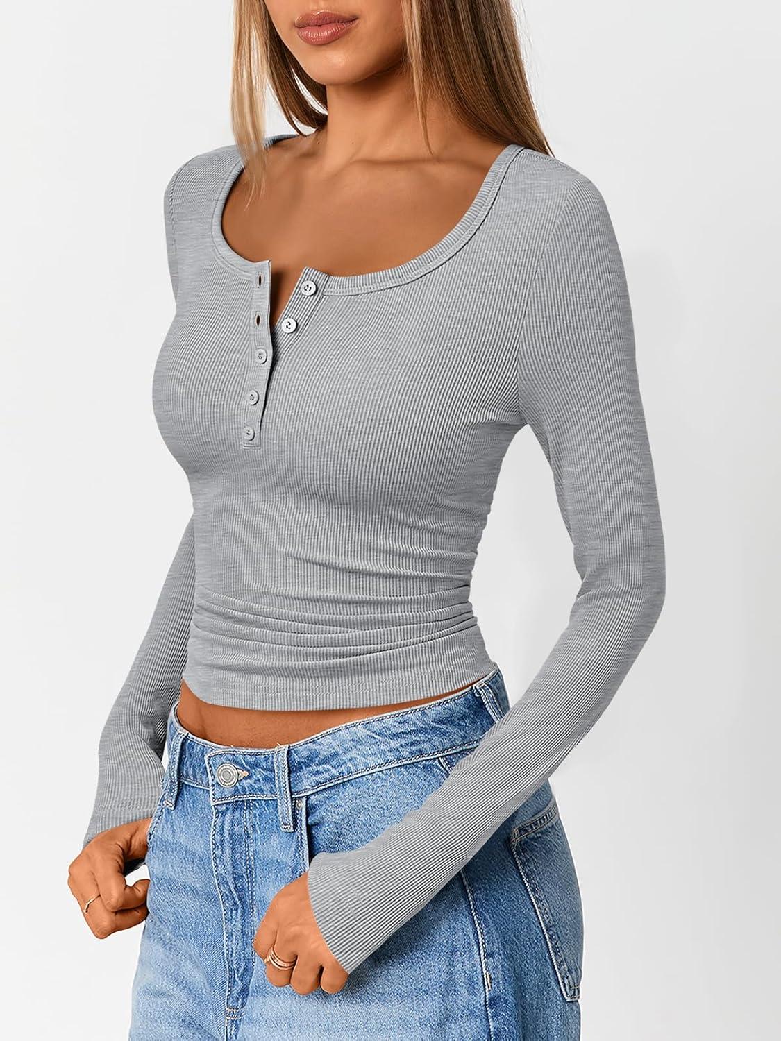 imageTrendy Queen Long Sleeve Shirts for Women Henley Ribbed Fall Tops Dressy Business Casual Teen Girl Winter Cute Basic TeesHeather Grey