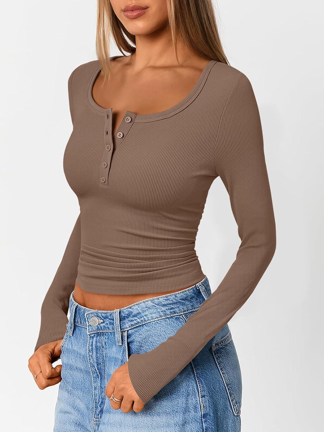 imageTrendy Queen Long Sleeve Shirts for Women Henley Ribbed Fall Tops Dressy Business Casual Teen Girl Winter Cute Basic TeesKhaki