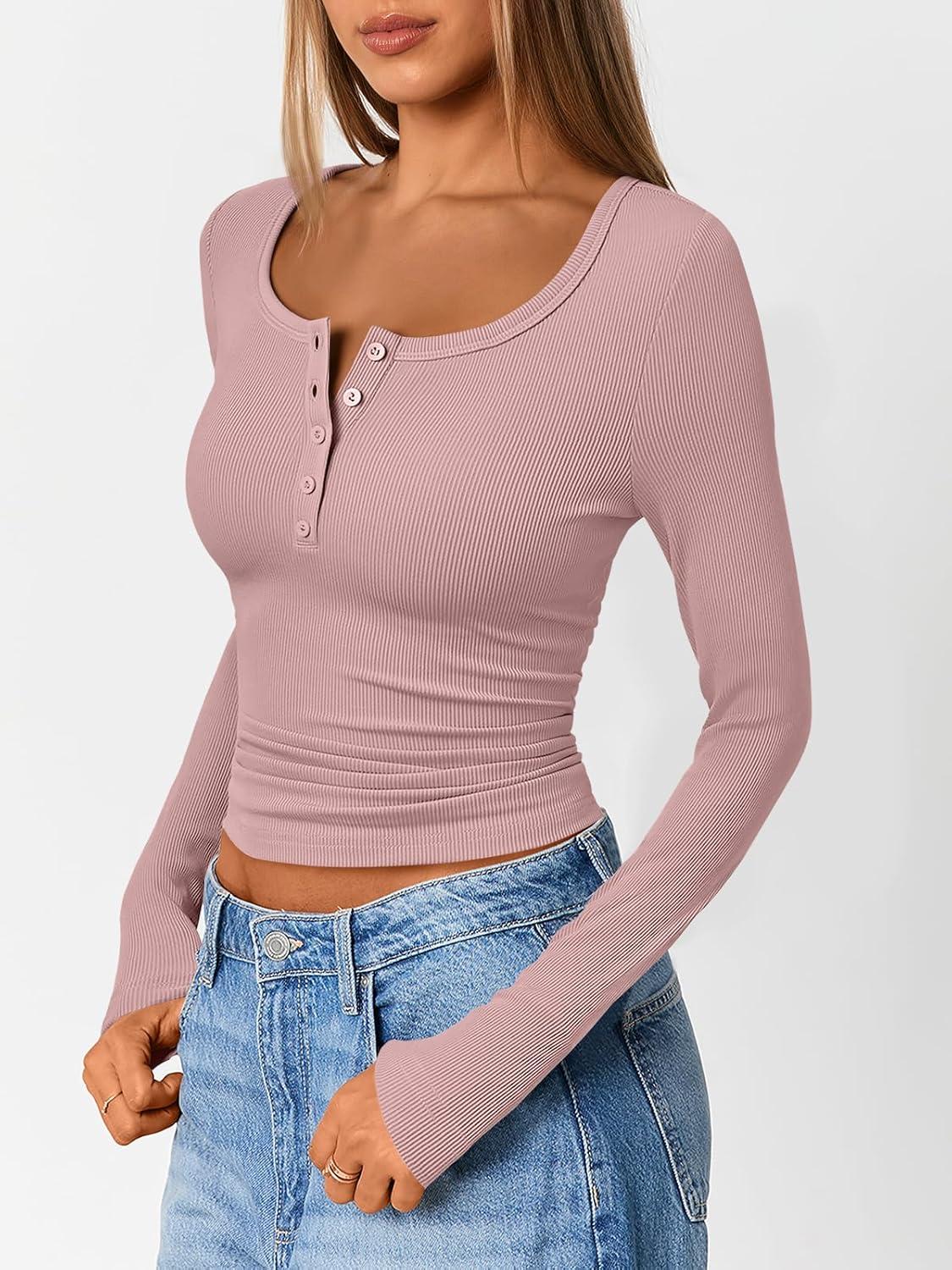 imageTrendy Queen Long Sleeve Shirts for Women Henley Ribbed Fall Tops Dressy Business Casual Teen Girl Winter Cute Basic TeesPink