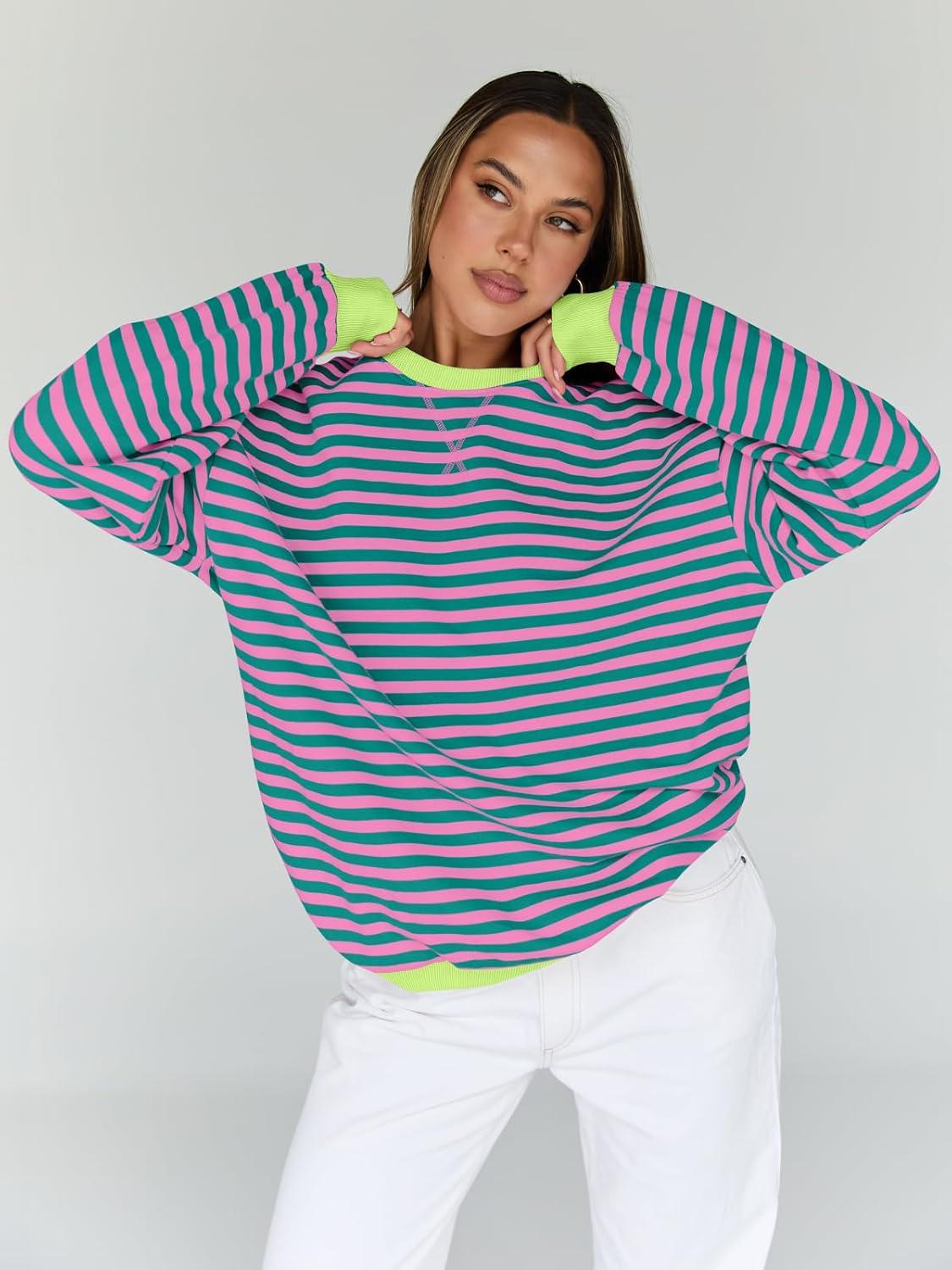 imageTrendy Queen Oversized Sweatshirt for Women 2025 Fall Crewneck Striped Long Sleeve Shirts Hoodies Cute Top Y2K OutfitsPinkgreen