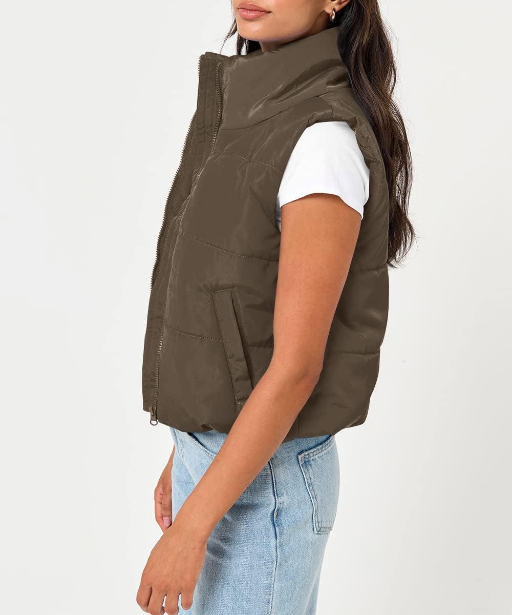 imageTrendy Queen Puffer Vest Women Sleeveless Winter Outerwear Warm Puffer Lightweight Fashion Standup Collar Down VestBrown