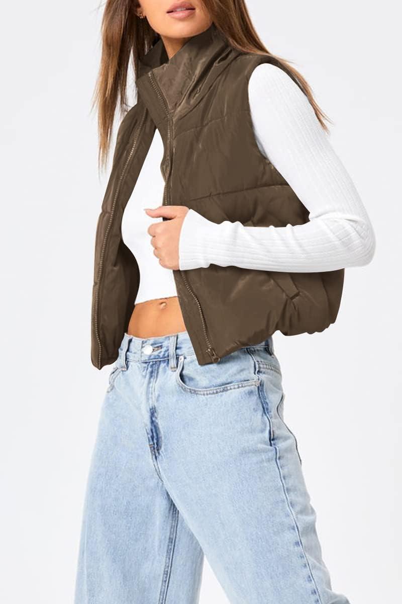 imageTrendy Queen Puffer Vest Women Sleeveless Winter Outerwear Warm Puffer Lightweight Fashion Standup Collar Down VestBrown