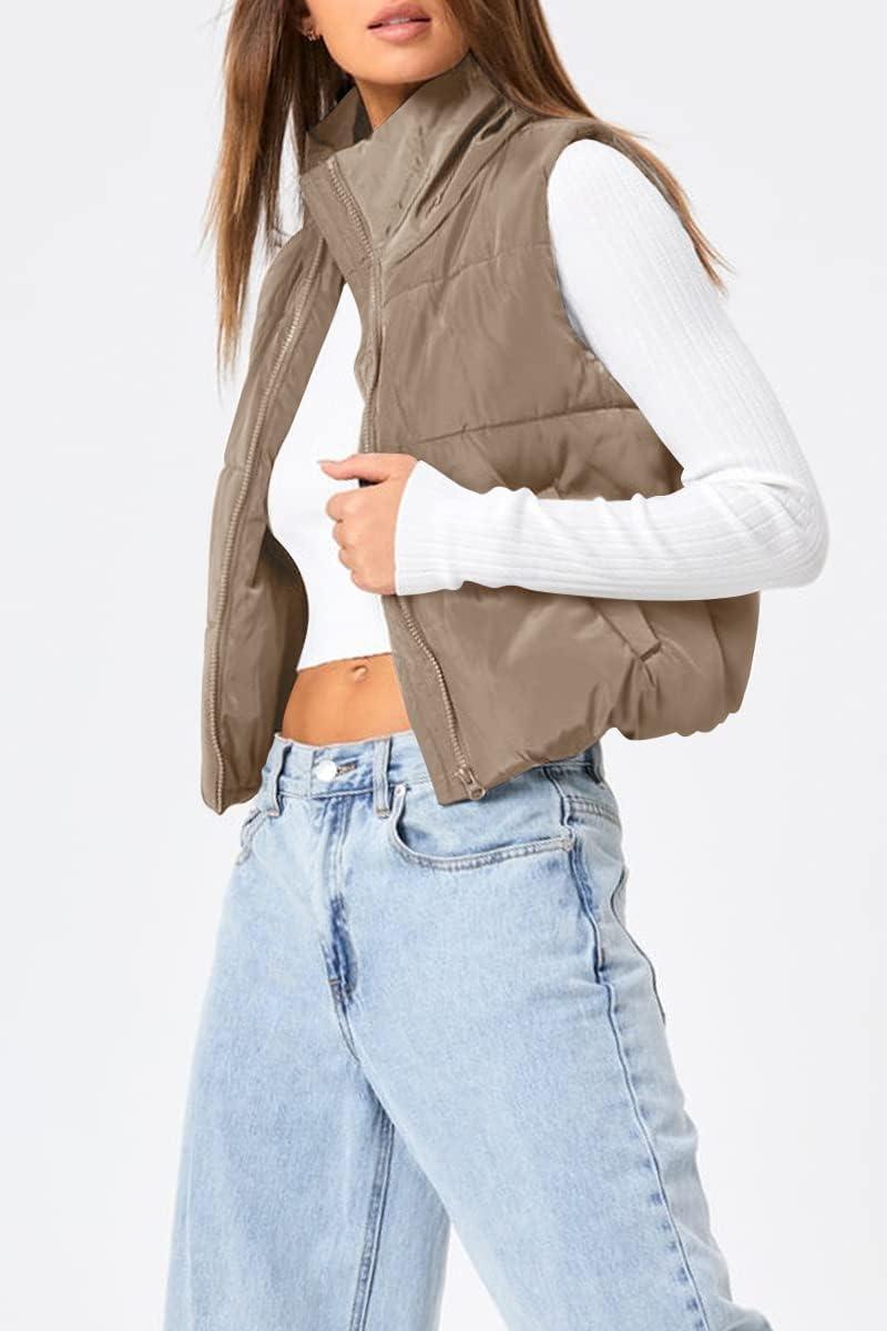 imageTrendy Queen Puffer Vest Women Sleeveless Winter Outerwear Warm Puffer Lightweight Fashion Standup Collar Down VestKhaki