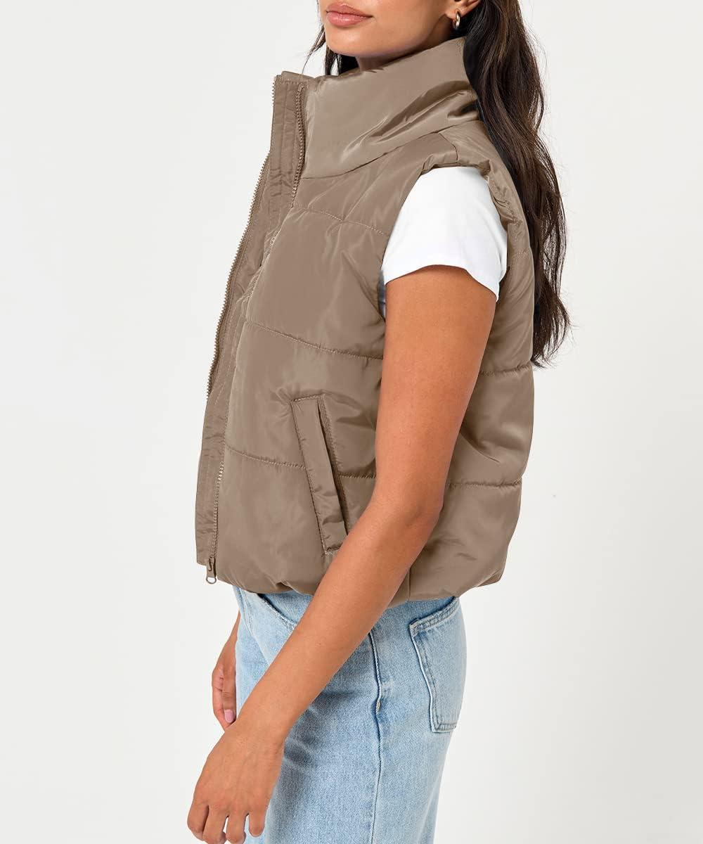 imageTrendy Queen Puffer Vest Women Sleeveless Winter Outerwear Warm Puffer Lightweight Fashion Standup Collar Down VestKhaki