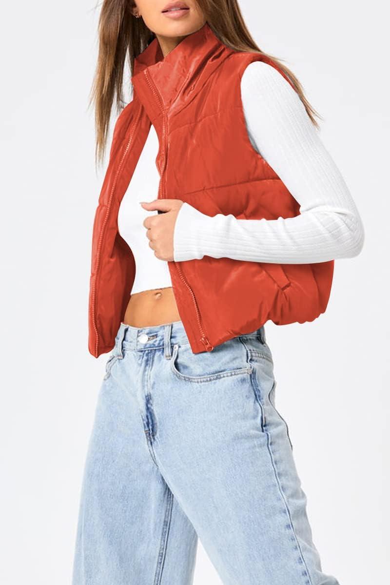 imageTrendy Queen Puffer Vest Women Sleeveless Winter Outerwear Warm Puffer Lightweight Fashion Standup Collar Down VestOrange