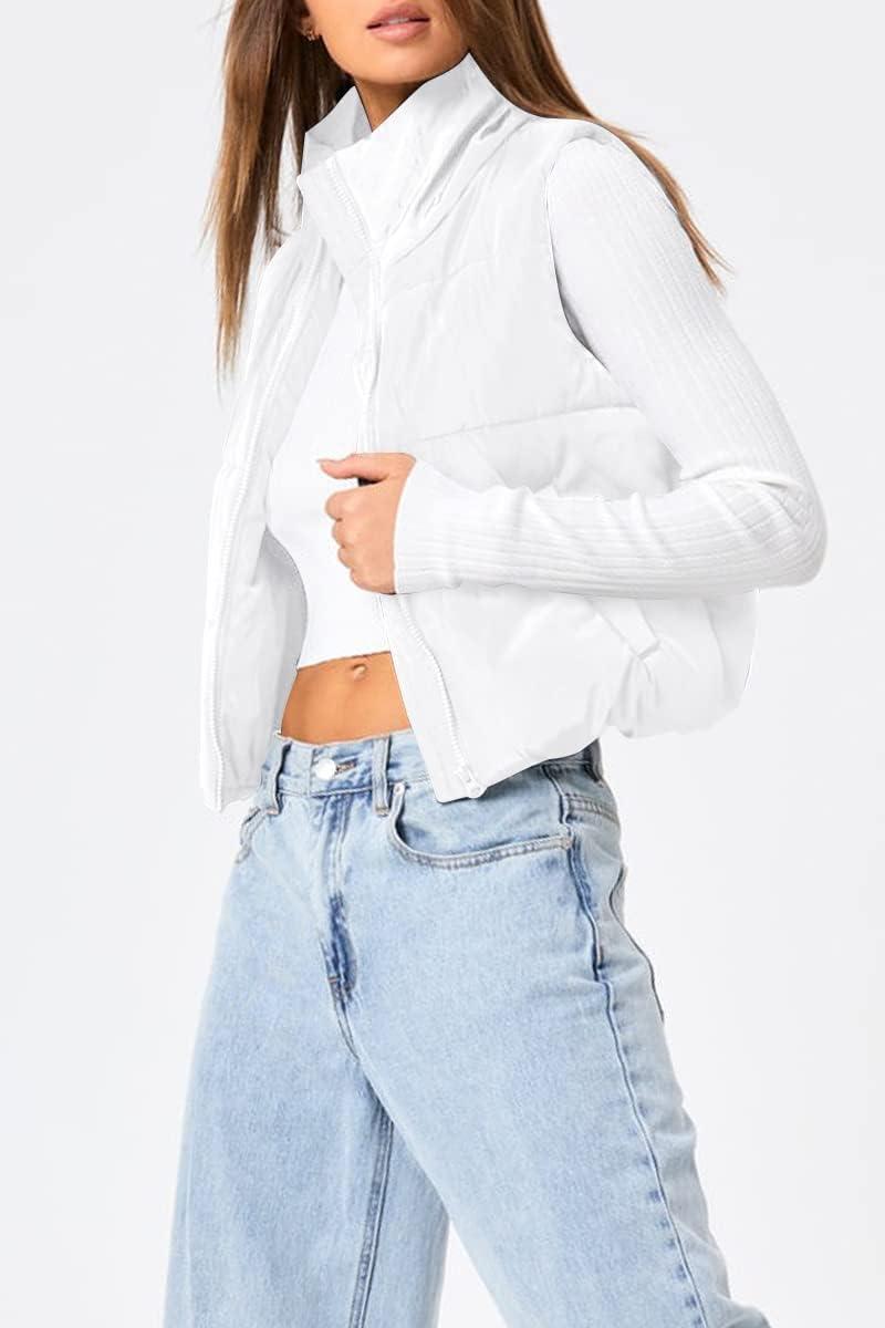 imageTrendy Queen Puffer Vest Women Sleeveless Winter Outerwear Warm Puffer Lightweight Fashion Standup Collar Down VestWhite