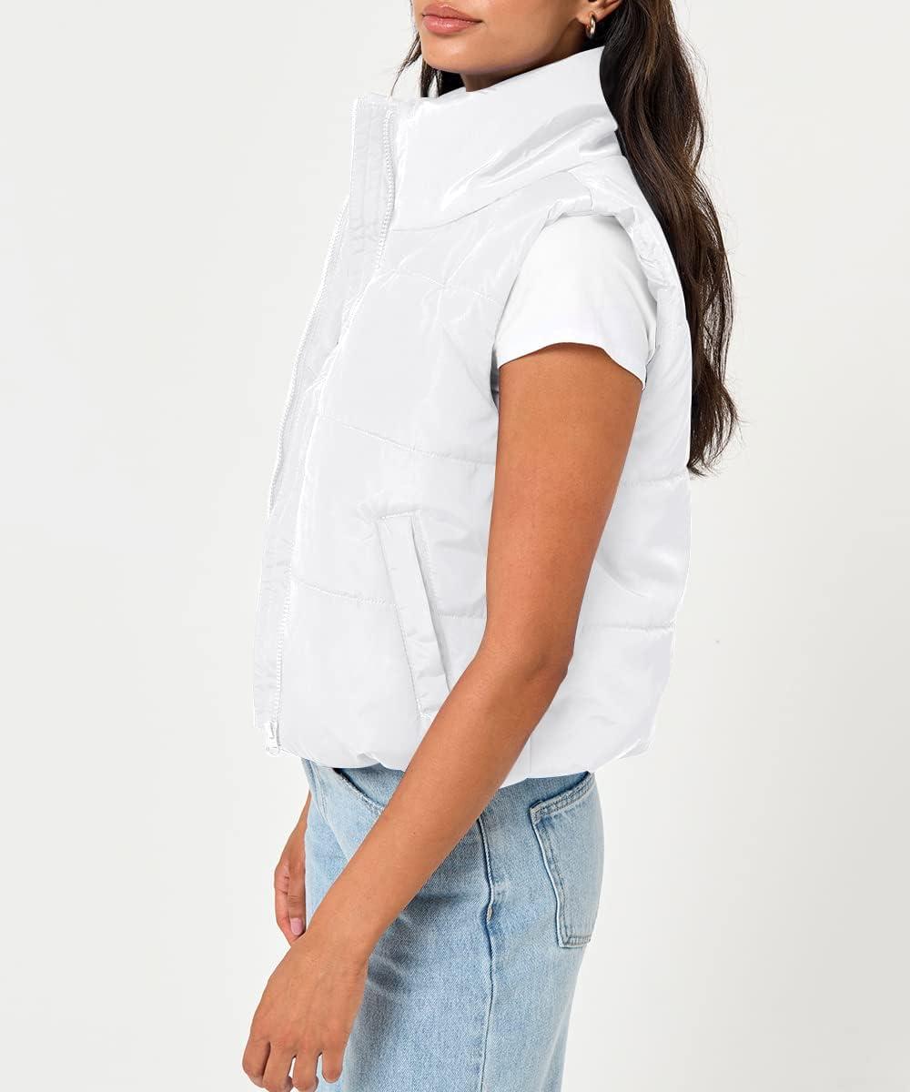 imageTrendy Queen Puffer Vest Women Sleeveless Winter Outerwear Warm Puffer Lightweight Fashion Standup Collar Down VestWhite