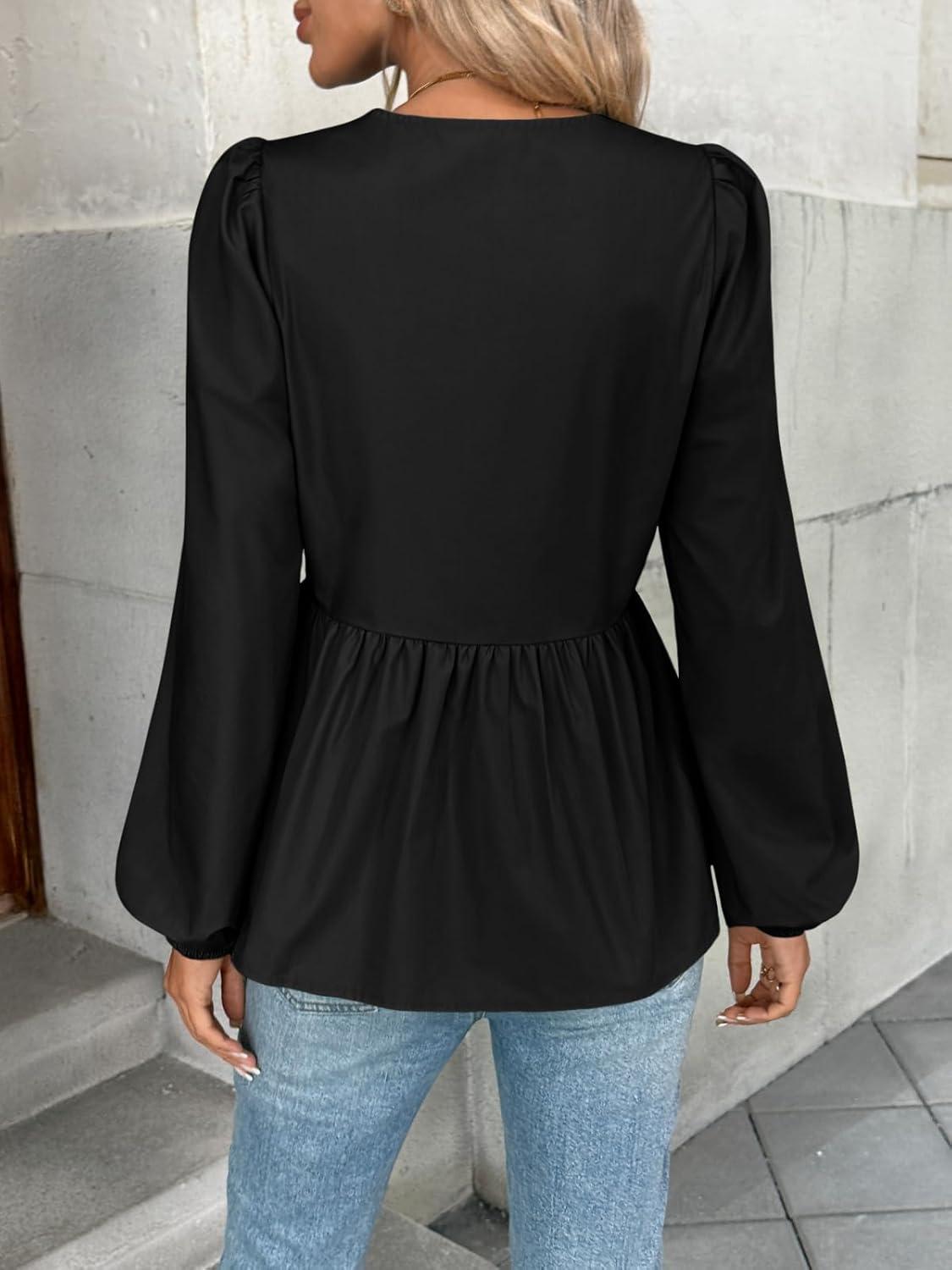 imageTrendy Queen Tir Front Tops Women Fall Fashion Top Babydoll Peplum Blouse Puff Long Sleeve Shirts Bow Tie Shirts TrendyBlack