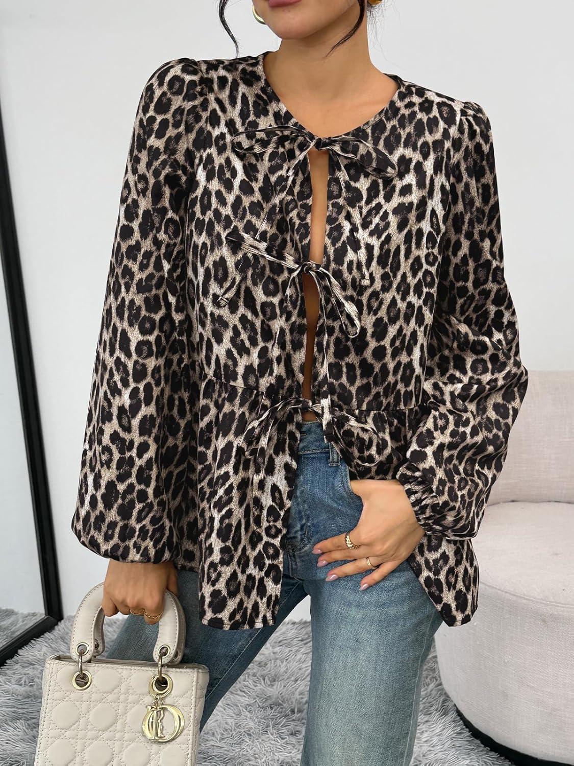 imageTrendy Queen Tir Front Tops Women Fall Fashion Top Babydoll Peplum Blouse Puff Long Sleeve Shirts Bow Tie Shirts TrendyLeopardprint