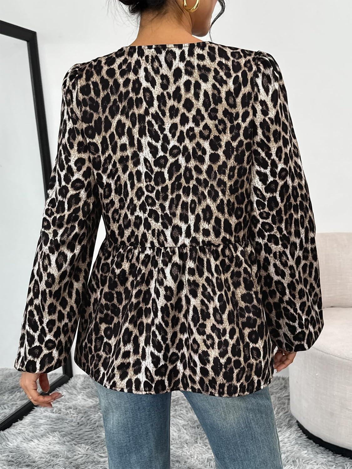 imageTrendy Queen Tir Front Tops Women Fall Fashion Top Babydoll Peplum Blouse Puff Long Sleeve Shirts Bow Tie Shirts TrendyLeopardprint