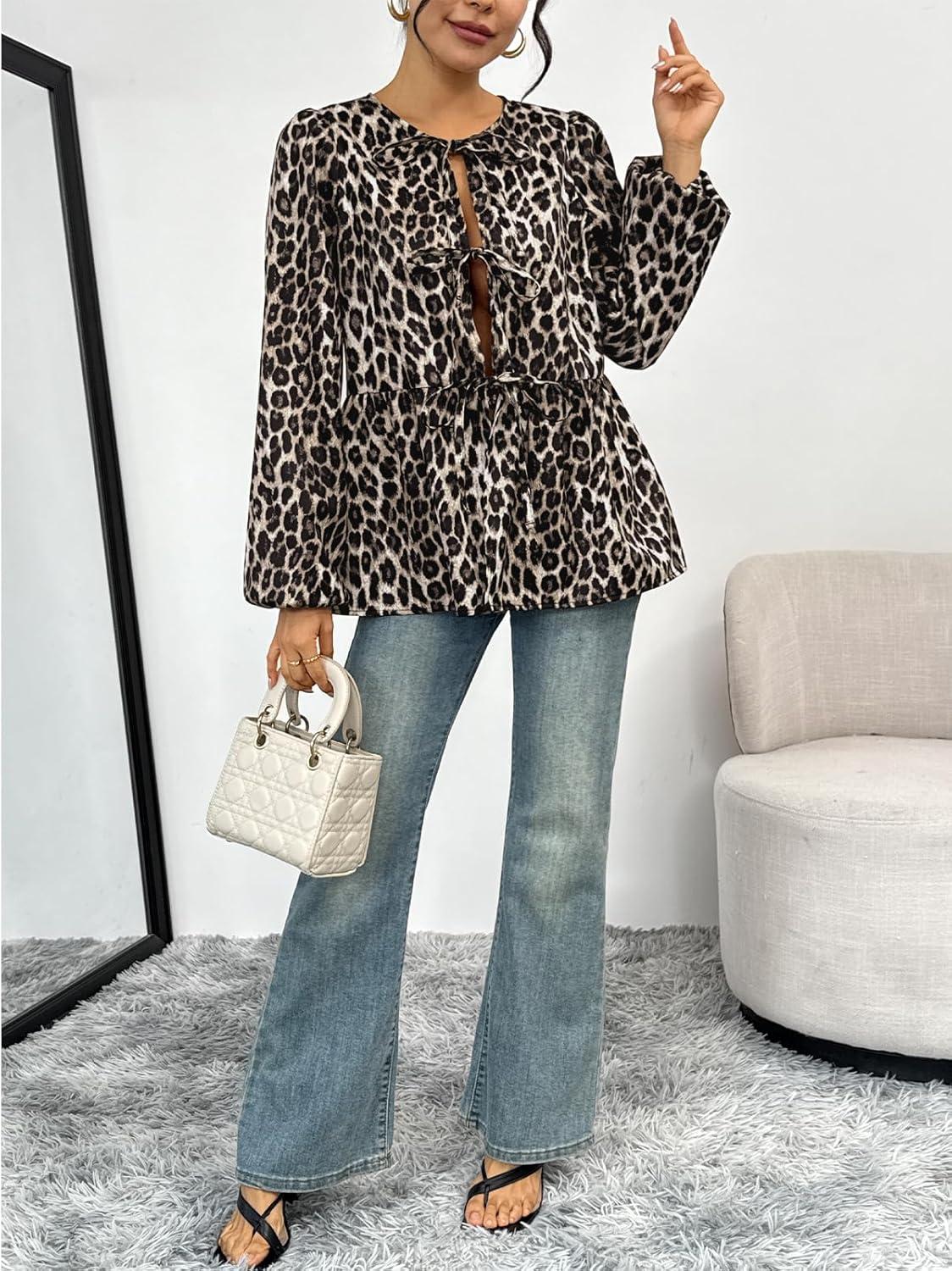 imageTrendy Queen Tir Front Tops Women Fall Fashion Top Babydoll Peplum Blouse Puff Long Sleeve Shirts Bow Tie Shirts TrendyLeopardprint