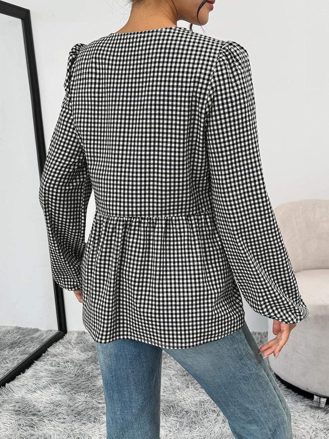 imageTrendy Queen Tir Front Tops Women Fall Fashion Top Babydoll Peplum Blouse Puff Long Sleeve Shirts Bow Tie Shirts TrendyPlaid Black
