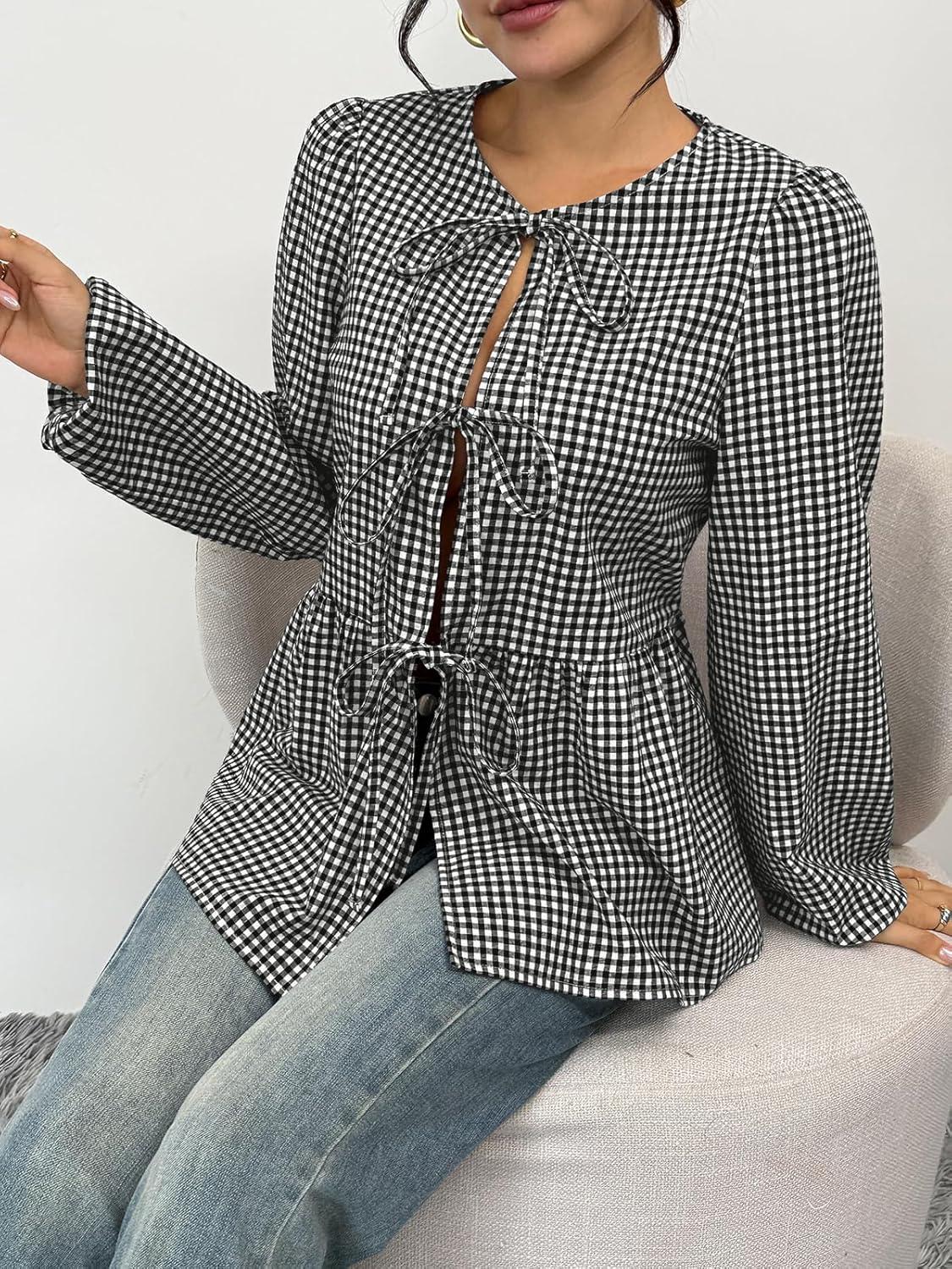 imageTrendy Queen Tir Front Tops Women Fall Fashion Top Babydoll Peplum Blouse Puff Long Sleeve Shirts Bow Tie Shirts TrendyPlaid Black