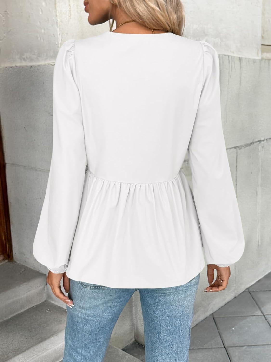 imageTrendy Queen Tir Front Tops Women Fall Fashion Top Babydoll Peplum Blouse Puff Long Sleeve Shirts Bow Tie Shirts TrendyWhite