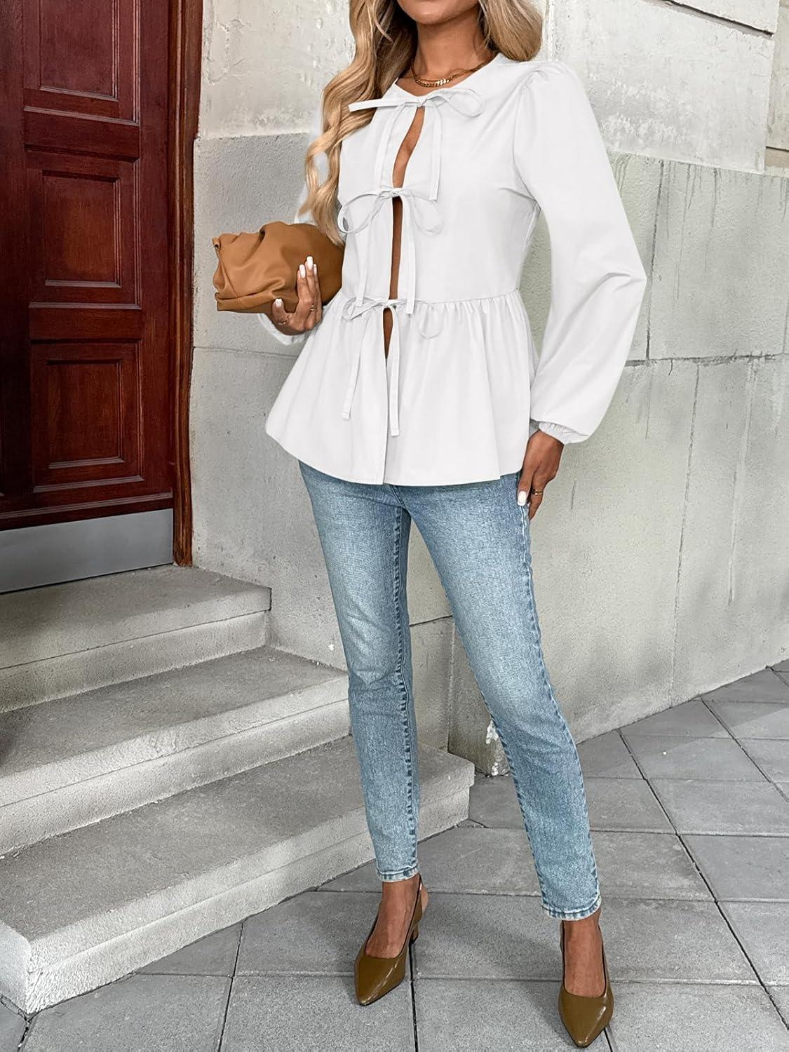 imageTrendy Queen Tir Front Tops Women Fall Fashion Top Babydoll Peplum Blouse Puff Long Sleeve Shirts Bow Tie Shirts TrendyWhite