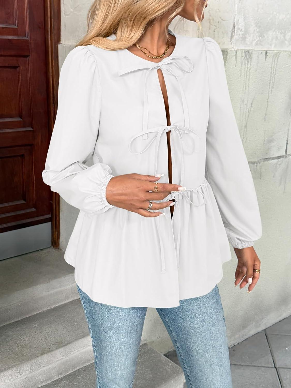 imageTrendy Queen Tir Front Tops Women Fall Fashion Top Babydoll Peplum Blouse Puff Long Sleeve Shirts Bow Tie Shirts TrendyWhite