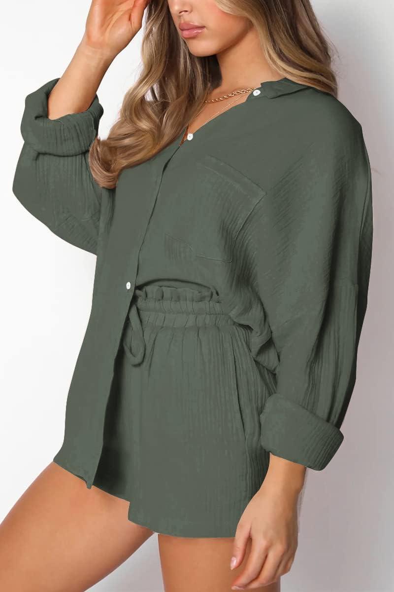 imageTrendy Queen Two Piece Sets For Women Summer Short Sets Beach Vcation Lounge Pajama 2 Piece Spring Outfits Fashion 2025Armygreen