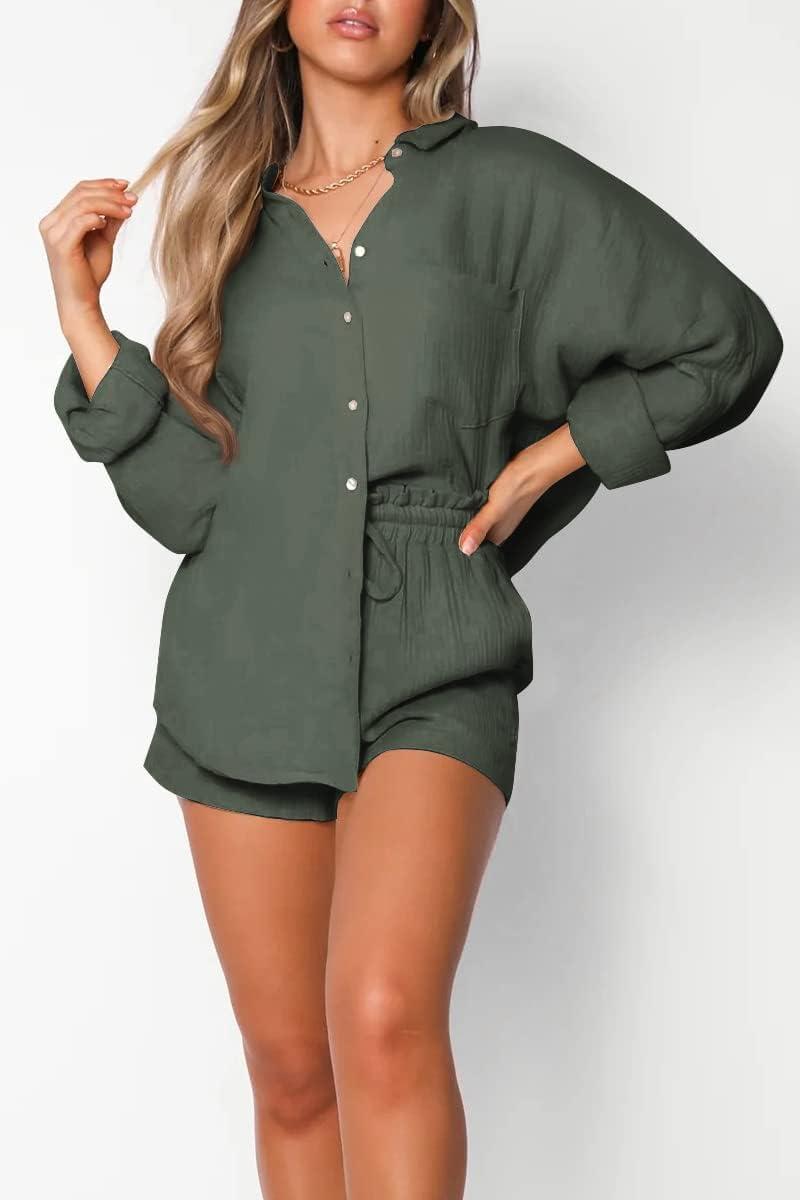 imageTrendy Queen Two Piece Sets For Women Summer Short Sets Beach Vcation Lounge Pajama 2 Piece Spring Outfits Fashion 2025Armygreen