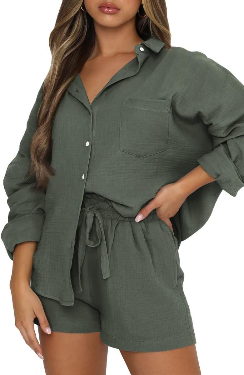 imageTrendy Queen Two Piece Sets For Women Summer Short Sets Beach Vcation Lounge Pajama 2 Piece Spring Outfits Fashion 2025Armygreen