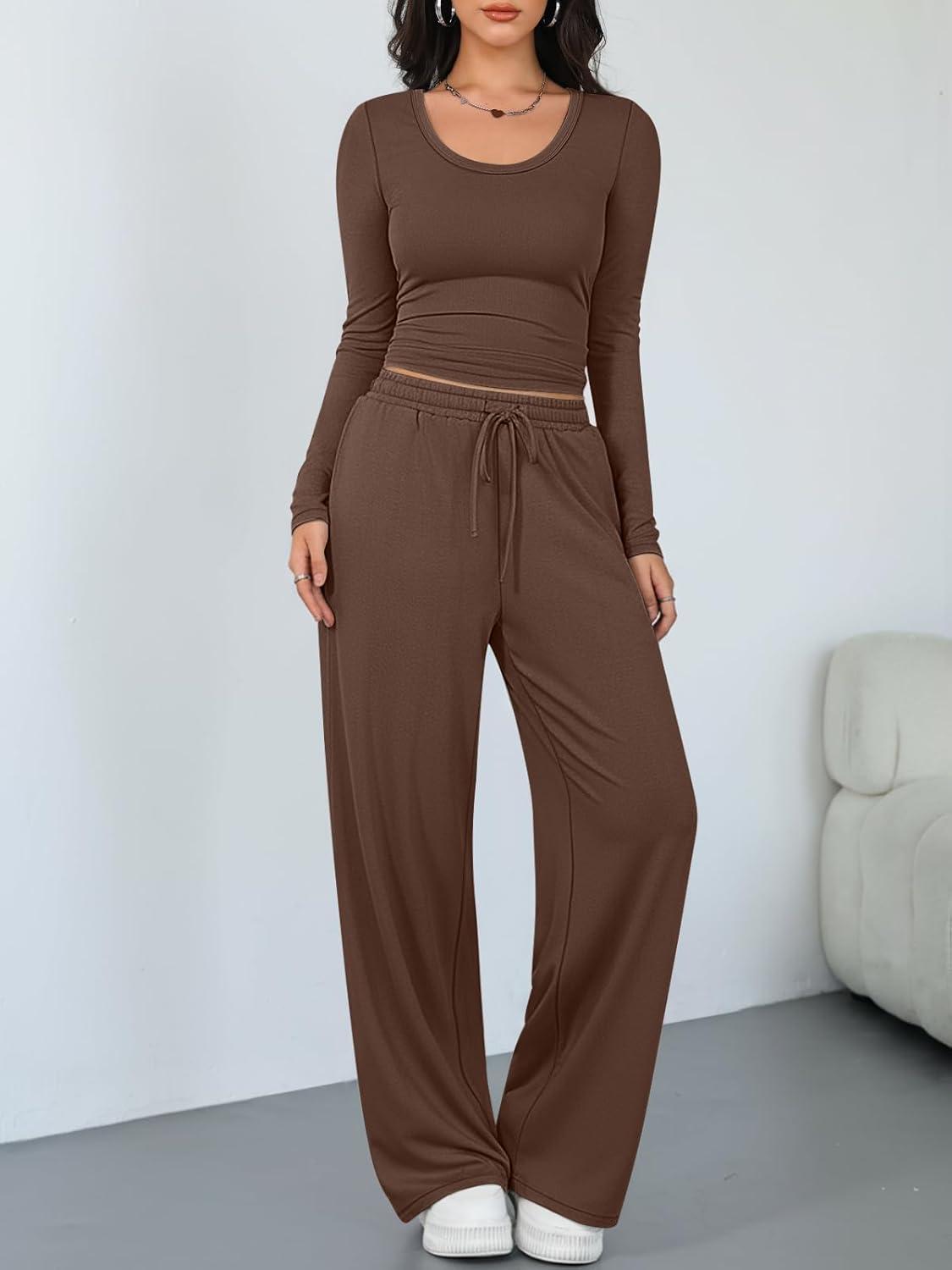imageTrendy Queen Women 2 Piece Matching Lounge Sets Clothing Comfiest Wide Leg Pants 2025 Y2K Sweatsuits Fall Airport OutfitCocoa Brown