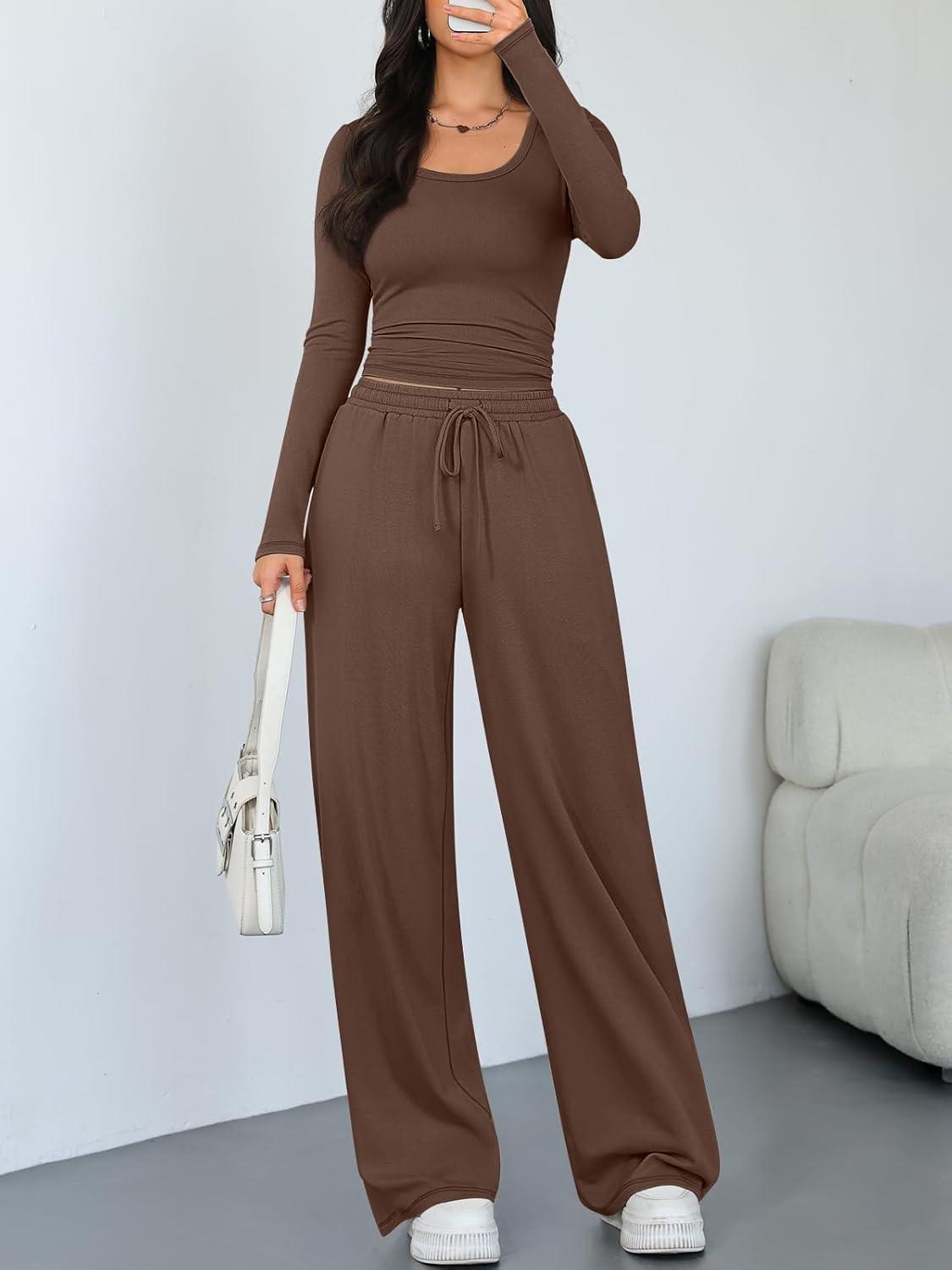 imageTrendy Queen Women 2 Piece Matching Lounge Sets Clothing Comfiest Wide Leg Pants 2025 Y2K Sweatsuits Fall Airport OutfitCocoa Brown
