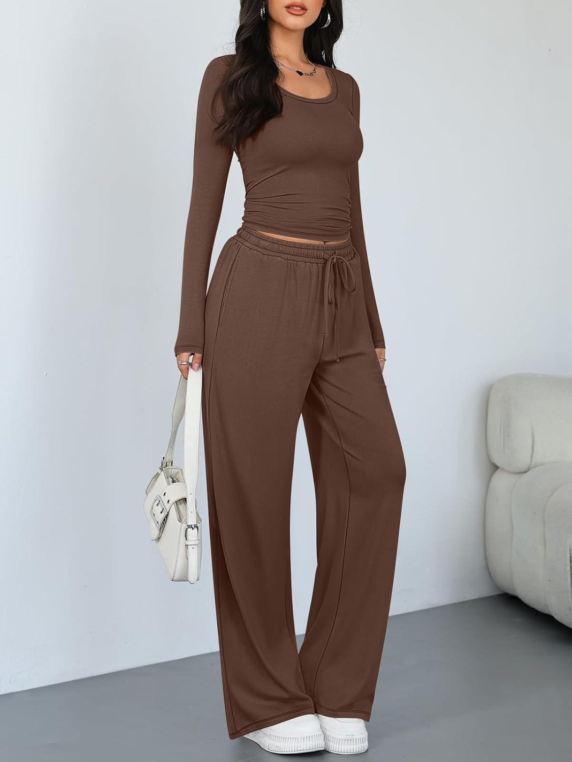 imageTrendy Queen Women 2 Piece Matching Lounge Sets Clothing Comfiest Wide Leg Pants 2025 Y2K Sweatsuits Fall Airport OutfitCocoa Brown