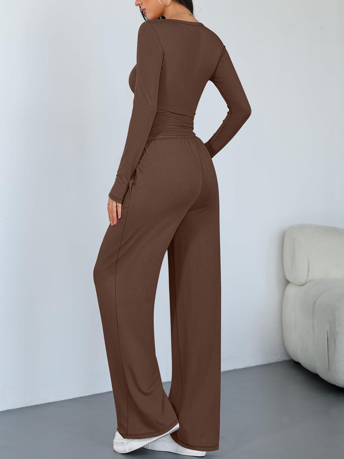 imageTrendy Queen Women 2 Piece Matching Lounge Sets Clothing Comfiest Wide Leg Pants 2025 Y2K Sweatsuits Fall Airport OutfitCocoa Brown