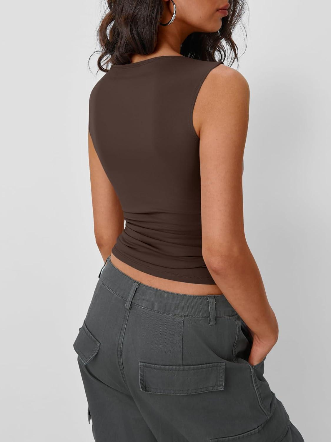 imageTrendy Queen Women Going Out Summer Tank Tops Spring Casual Basic Cute 2025 Sleeveless Shirt Vacation Fashion Outfit ClothesDark Browm