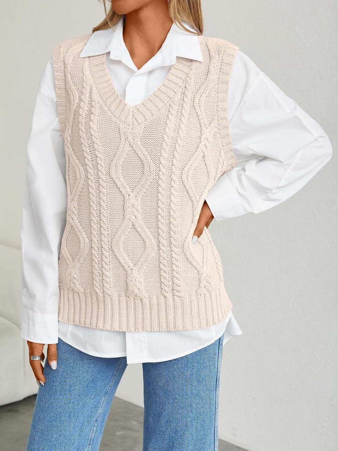 imageTrendy Queen Women s Oversized V Neck Sweater Vest Sleeveless Cable Knit Casual Pullover TopsCream